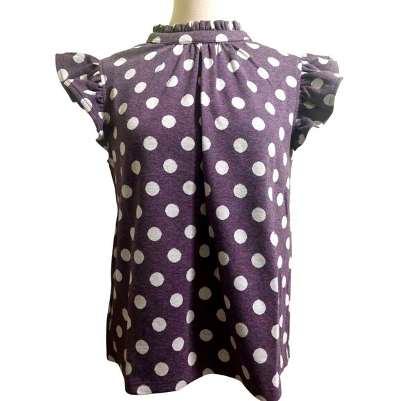 NWT Voy Purple Polka Dot Ruffle Sleeve Top W/ Back Neck Tie Size SMALL - Picture 1 of 8